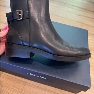 New Cole Haan Black Leather Ankle Boots Sleek Minimalist Design